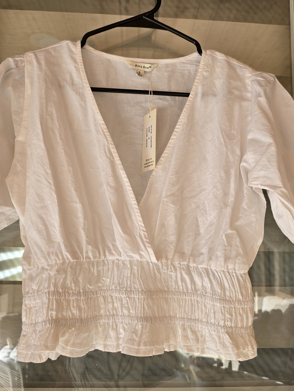 Deep V-Neck Smocked White Cotton Blouse